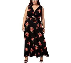 Rose Floral Maxi Sundress Love Squared Womens Plus Size 2X Black Wrap Top NWT